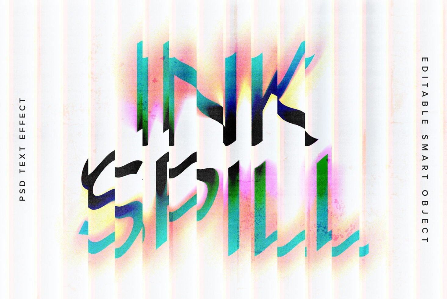 Colorful ink spill text effect PSD template with editable smart object perfect for designers. Enhance graphics projects with vibrant, creative typography.