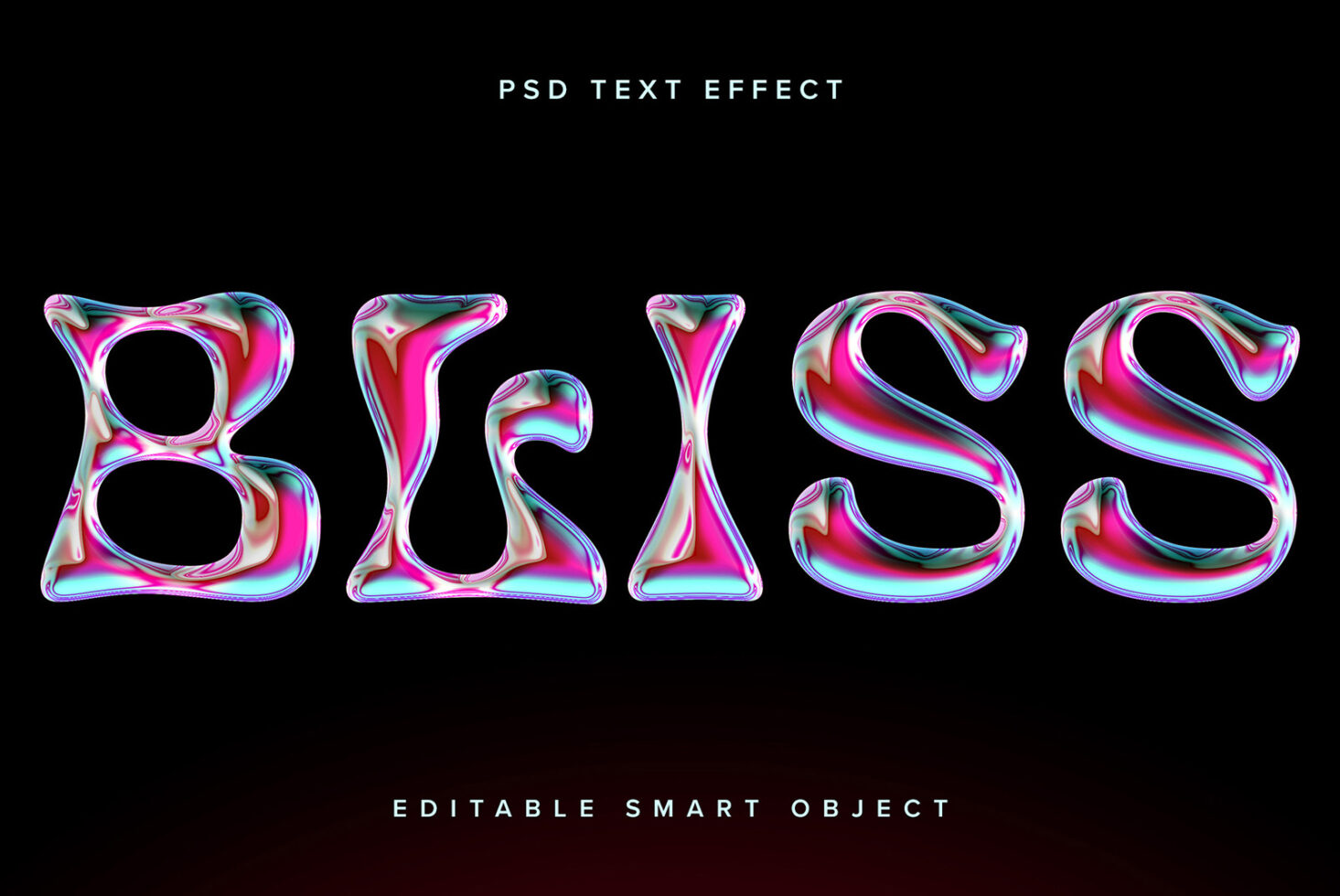 Hollow liquid chrome letters spelling BLISS with magenta rainbow swirl interior