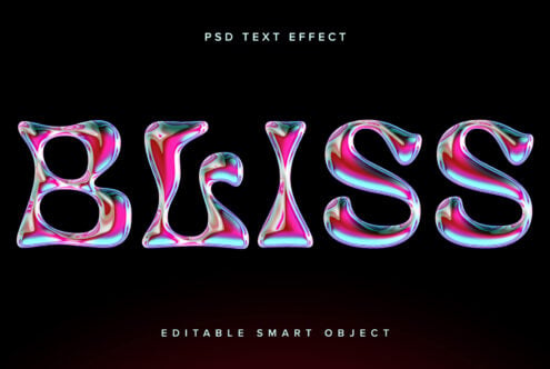 Hollow liquid chrome letters spelling BLISS with magenta rainbow swirl interior