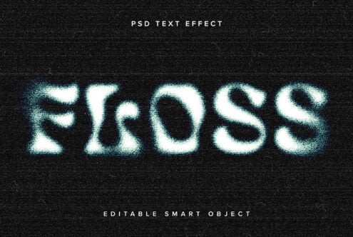 Glitch text effect featuring the word Floss in blue neon haze on black background. Editable PSD smart object for designers. Perfect for graphics use.