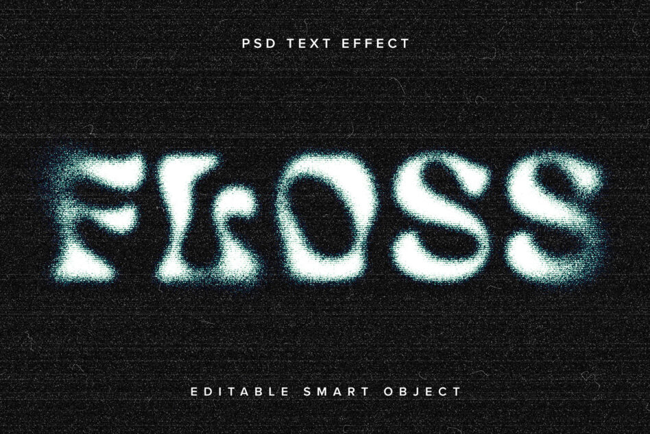 Glitch text effect featuring the word Floss in blue neon haze on black background. Editable PSD smart object for designers. Perfect for graphics use.