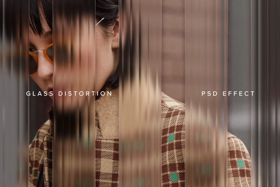 Portrait split by vertical glass panes creating distorted reflection effect