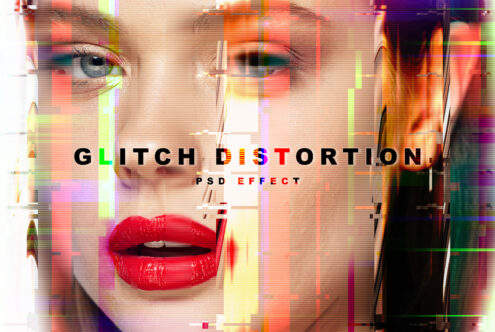 Glitch distortion PSD effect showcasing colorful digital noise on a woman's face ideal for graphics and templates in creative design projects