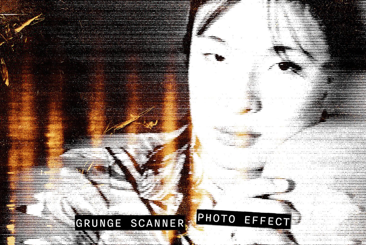 Grunge scanner photo effect template showcasing a vintage-style halftone portrait with abstract textures ideal for graphic designers and digital artists.