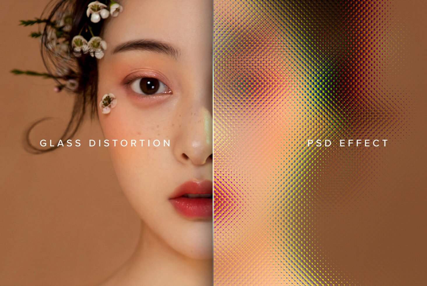 Glass distortion PSD effect showcasing a portrait with artistic texture and vibrant halftone patterns ideal for graphic designers and photographers.