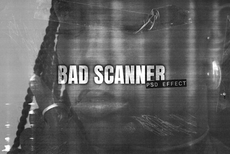 Bad Scanner PSD Effect text overlaid on damaged film grain black white damaged footage