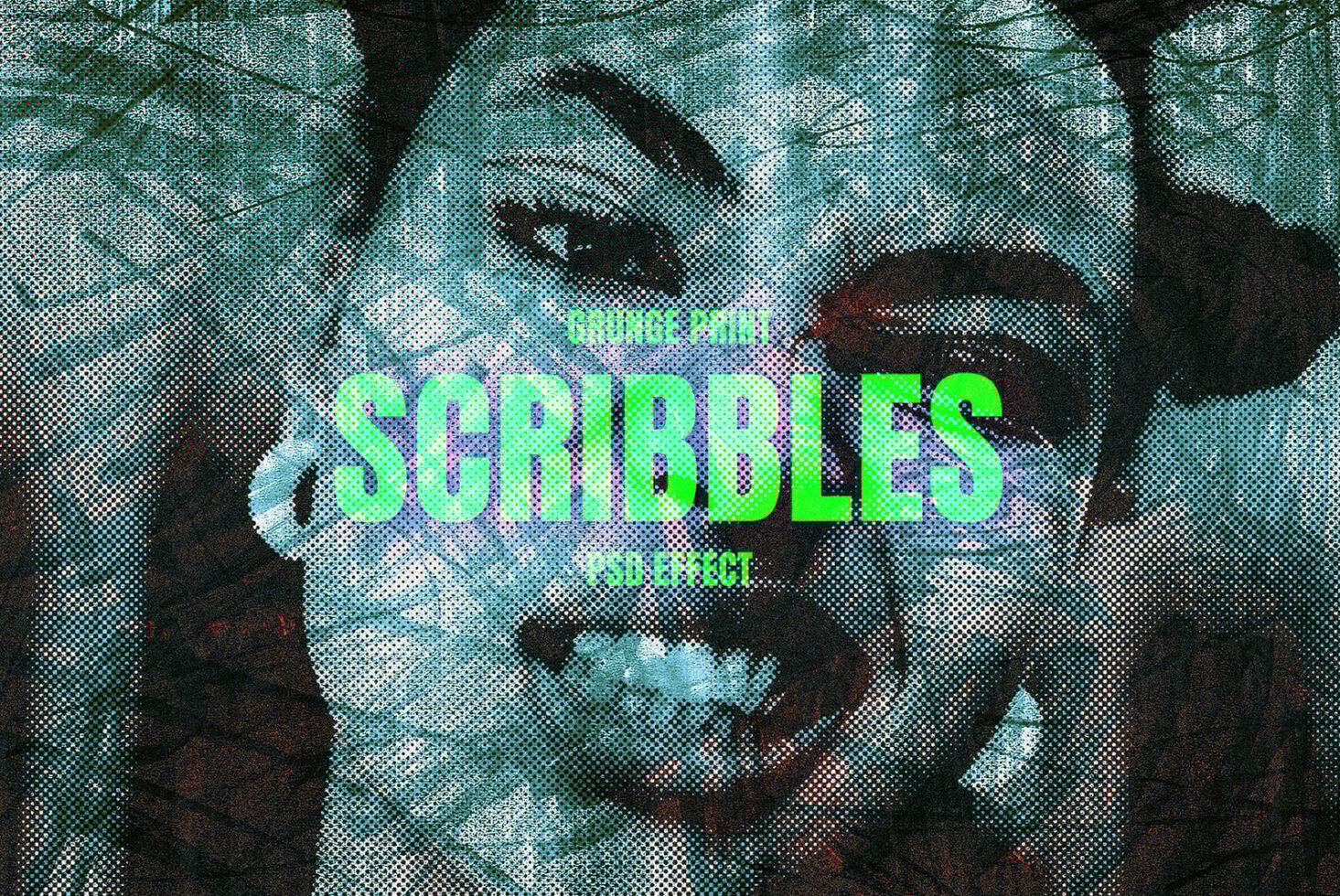 Grunge print PSD effect featuring bold scribbles overlay on a textured background perfect for graphic design projects or creative templates.
