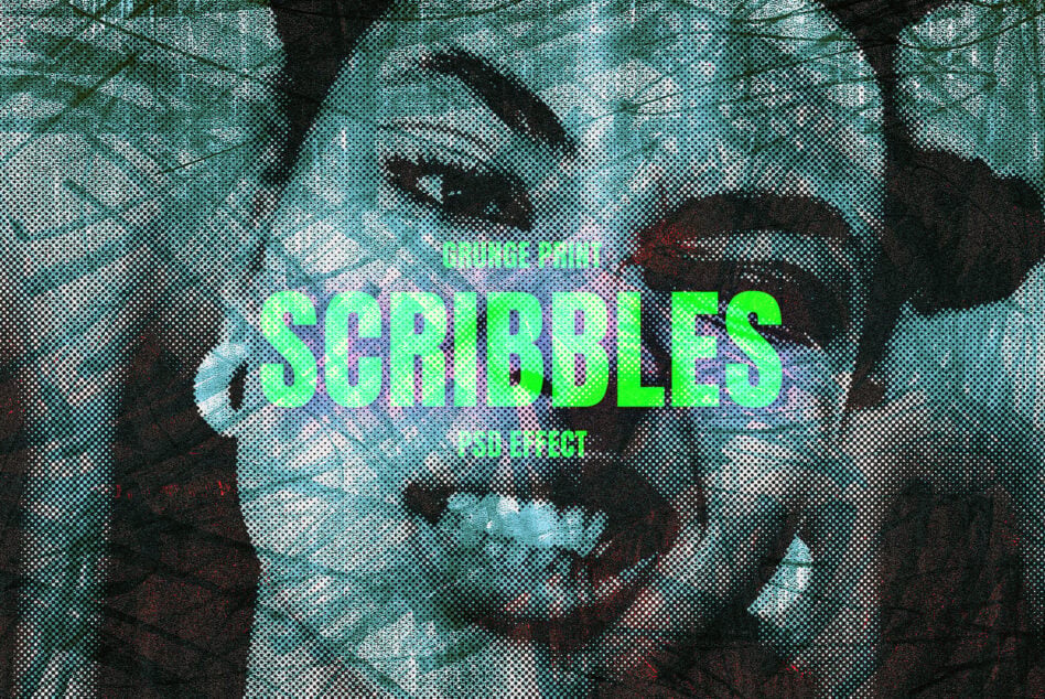 Halftone glitch effect with neon green magenta text overlay on group portrait