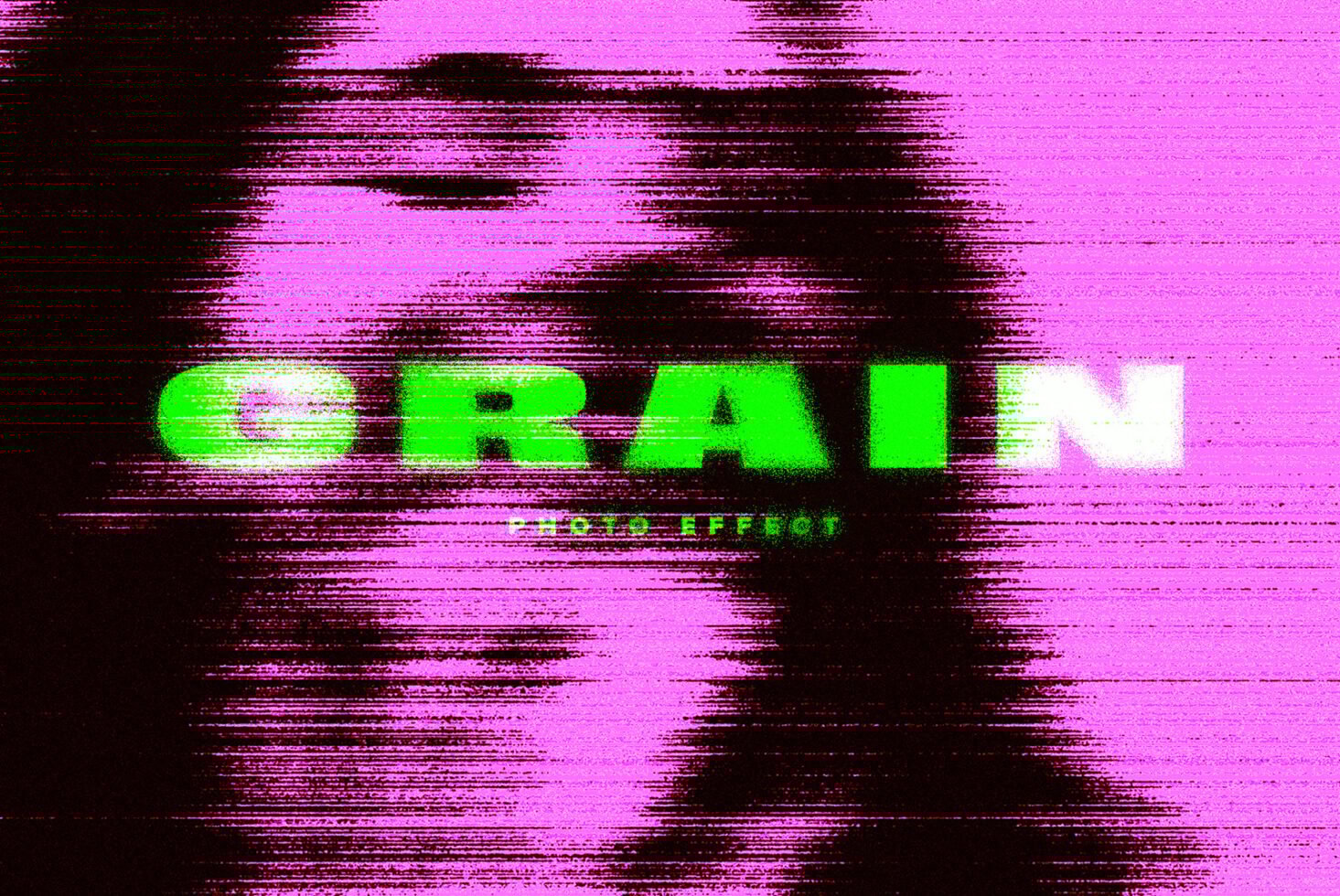Grainy photo effect template with pink and black glitch design. Bold green text. Perfect for graphic designers and digital art projects.