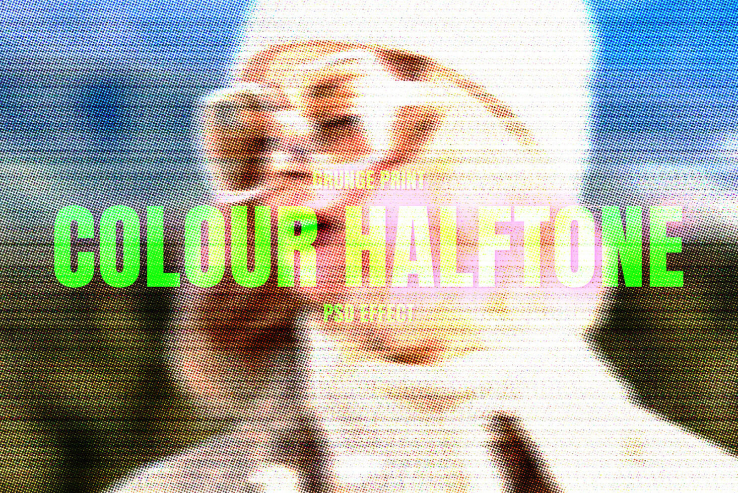 Colour halftone PSD effect with vibrant pop art style featuring bold text overlay and pixelated image background ideal for graphic design projects.