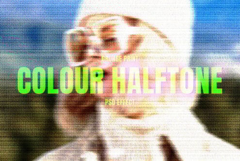 Colour halftone PSD effect with vibrant pop art style featuring bold text overlay and pixelated image background ideal for graphic design projects.