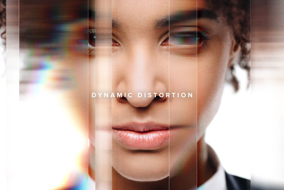 Close-up face with vertical glass distortion lines splitting image into segments