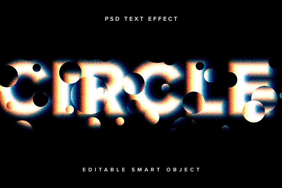 Colorful grainy text effect with scattered 3D spheres
