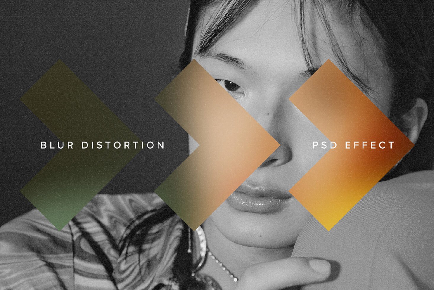 Blur distortion PSD effect template featuring geometric overlays on a grayscale portrait ideal for designers seeking creative photo manipulation tools.