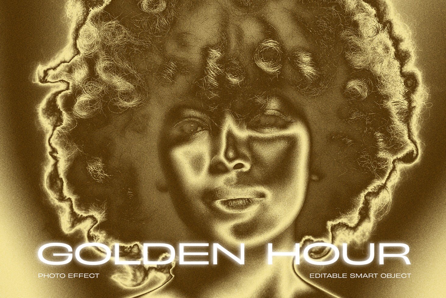 Golden hour photo effect featuring a stylized portrait in golden tones. Editable smart object for creative design projects. Ideal for designers.