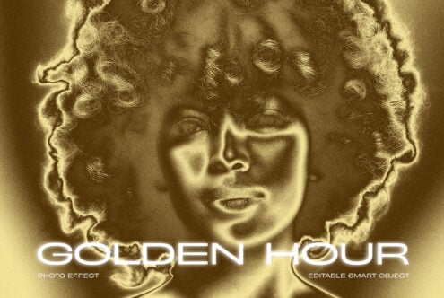 Golden hour photo effect featuring a stylized portrait in golden tones. Editable smart object for creative design projects. Ideal for designers.
