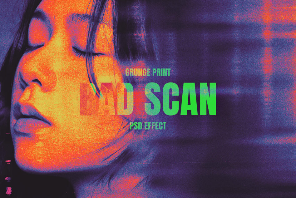 Thermal scan effect mockup with green neon text overlay on portrait