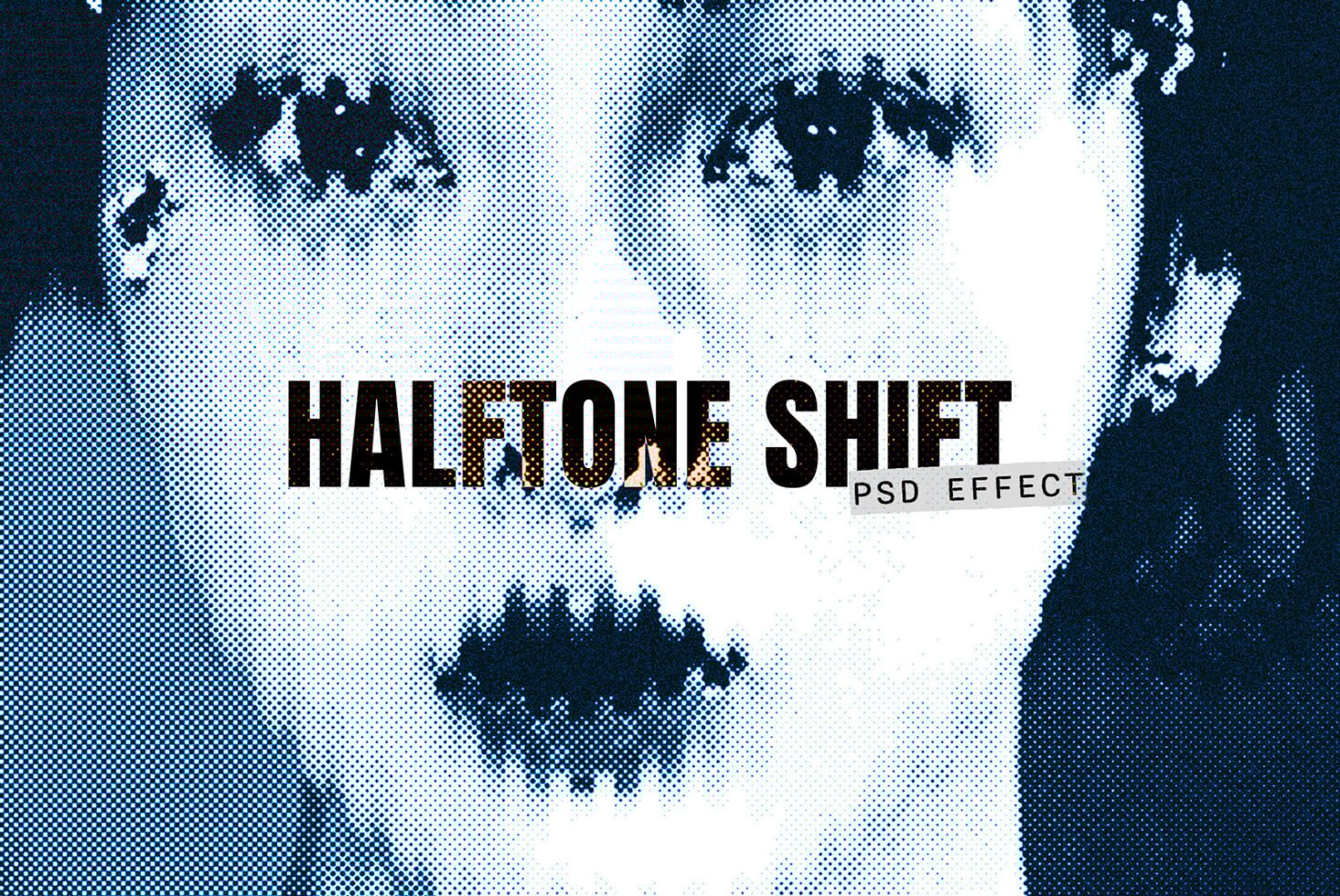Halftone shift PSD effect showcasing a stylized female face with dotted pattern suitable for creating unique graphics mockups and digital designs.