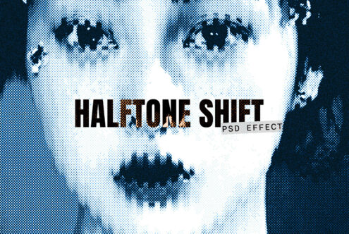 Halftone shift PSD effect showcasing a stylized female face with dotted pattern suitable for creating unique graphics mockups and digital designs.
