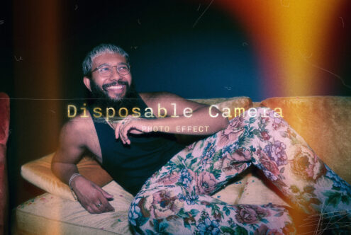 Vintage photo effect mockup with a man lounging on a couch wearing floral pants and glasses. Keywords: vintage mockup, disposable camera, photo effect.