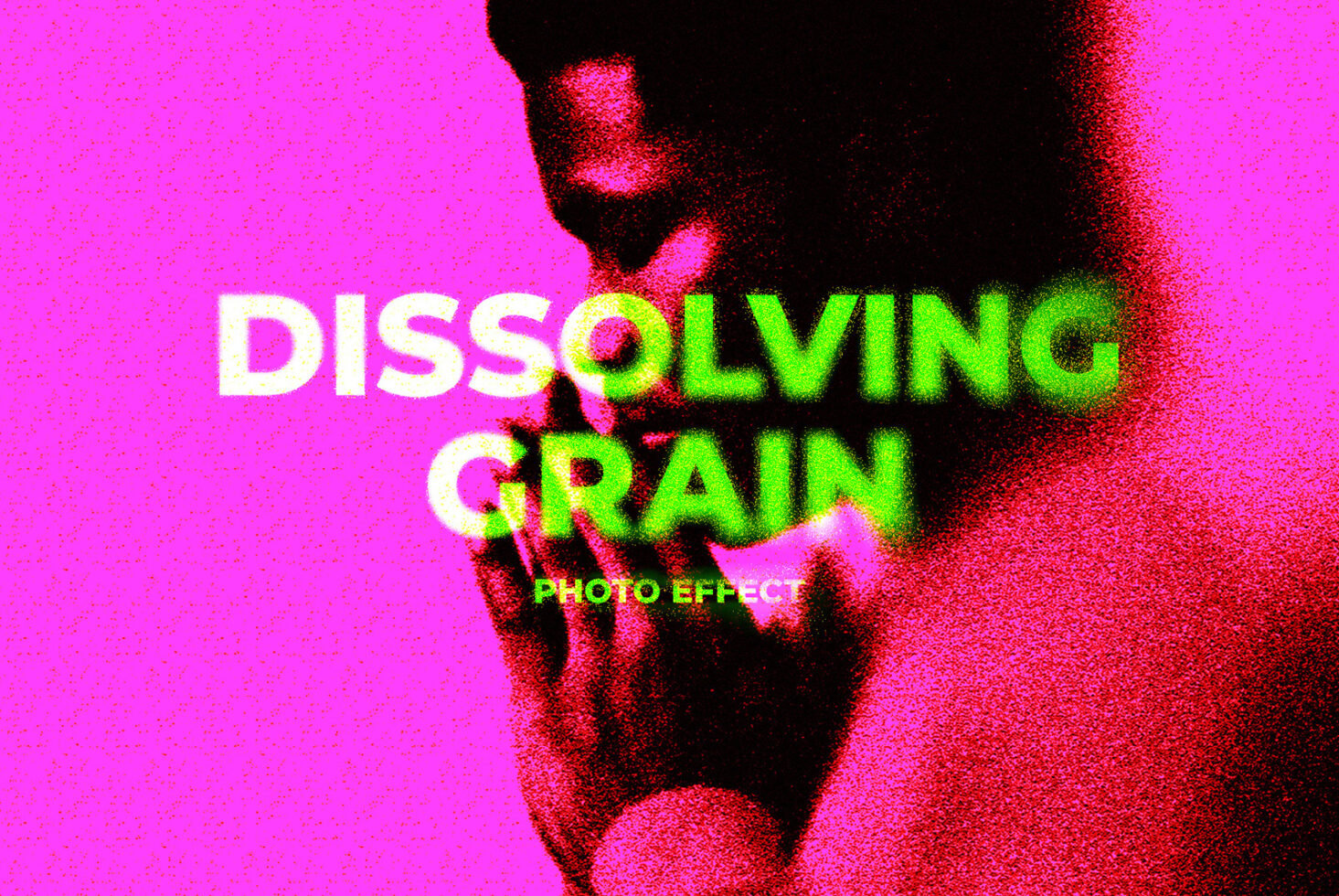 Vibrant dissolving grain photo effect template with a bold pink and green overlay ideal for designers seeking unique graphic elements for creative projects.
