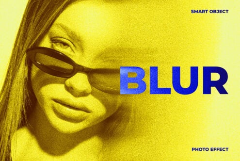 Woman with sunglasses on yellow background, blue BLUR text overlay, smart object photo effect