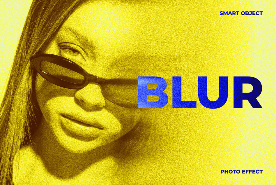 Woman with sunglasses on yellow background, blue BLUR text overlay, smart object photo effect