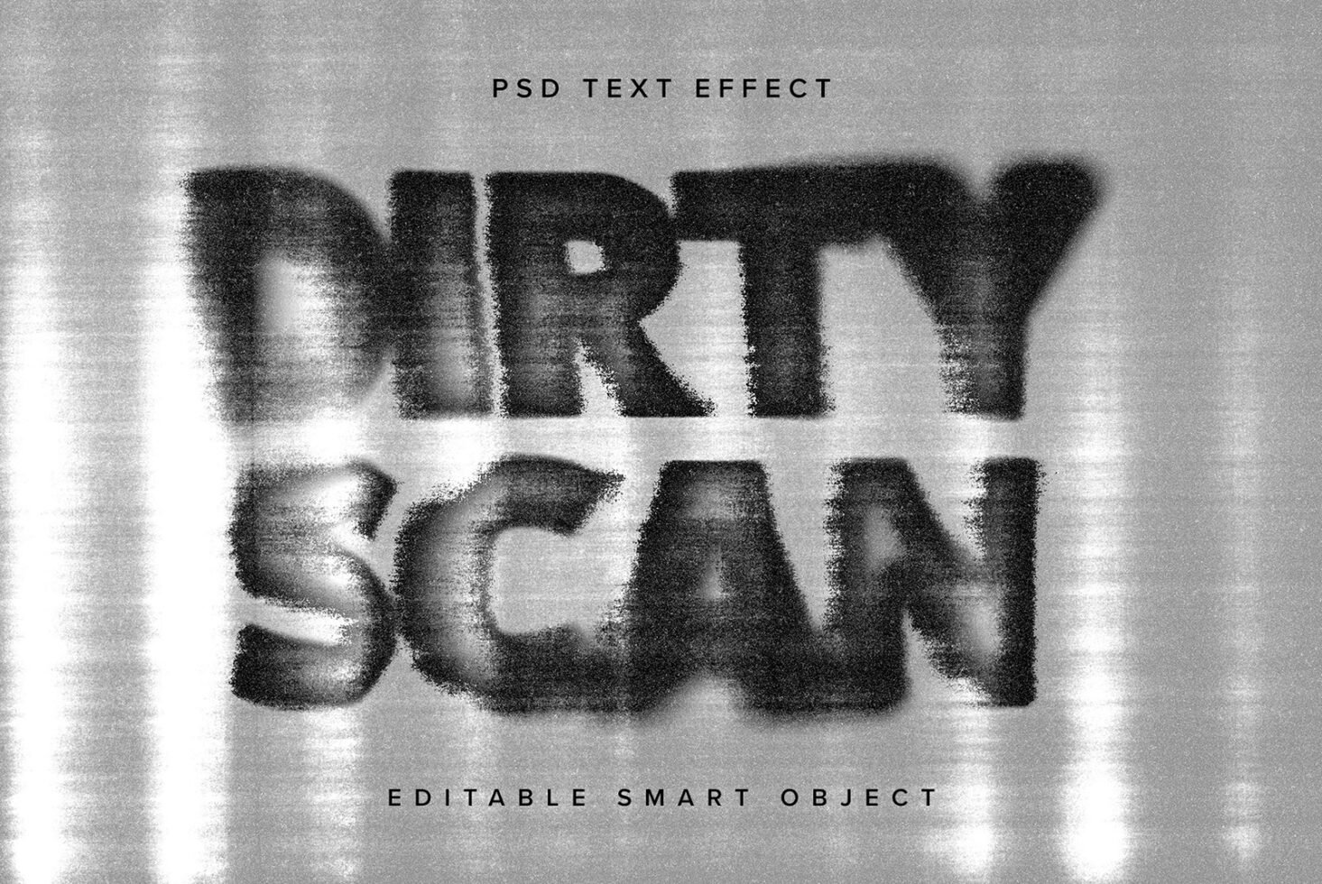Dirty scan PSD text effect with grunge texture on metallic background. Editable smart object. Perfect for designers seeking unique typography styles.