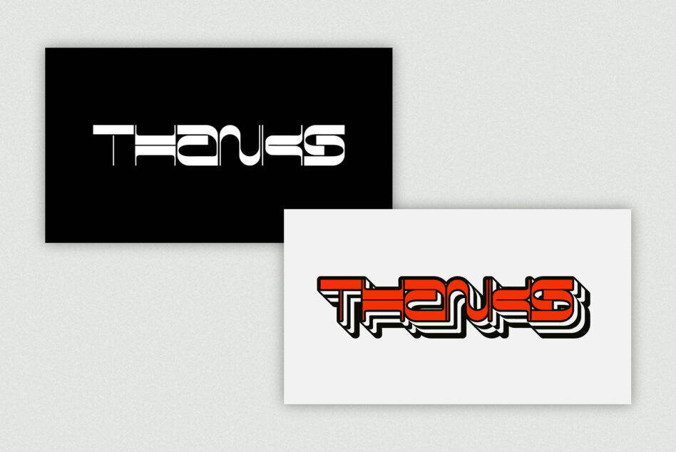 Black card with white minimal typeface overlapped next to red graffiti graphic