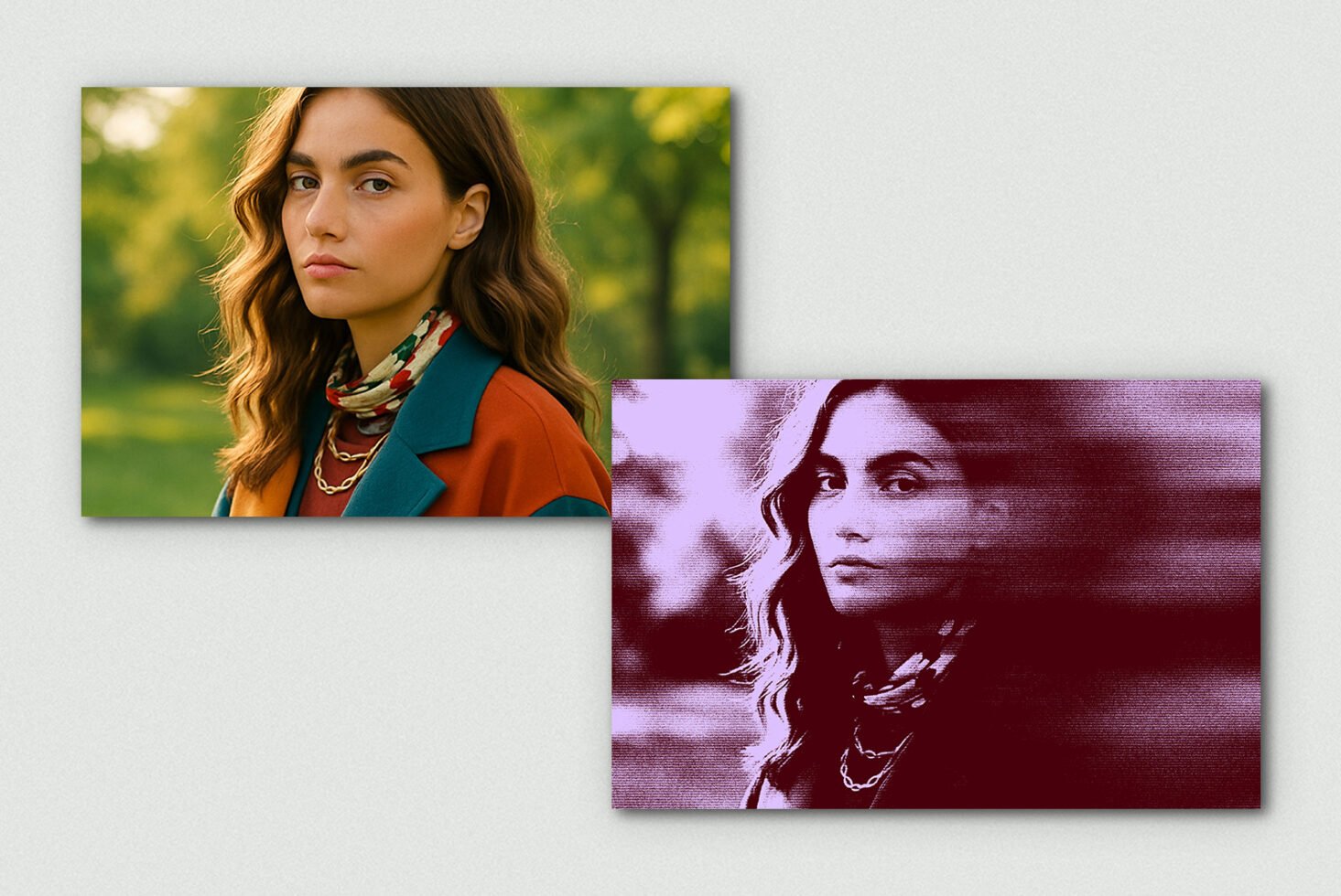 Two digital portrait mockups of a young woman with a colorful jacket; one in natural light and another with a glitch effect. Ideal for graphic design use.