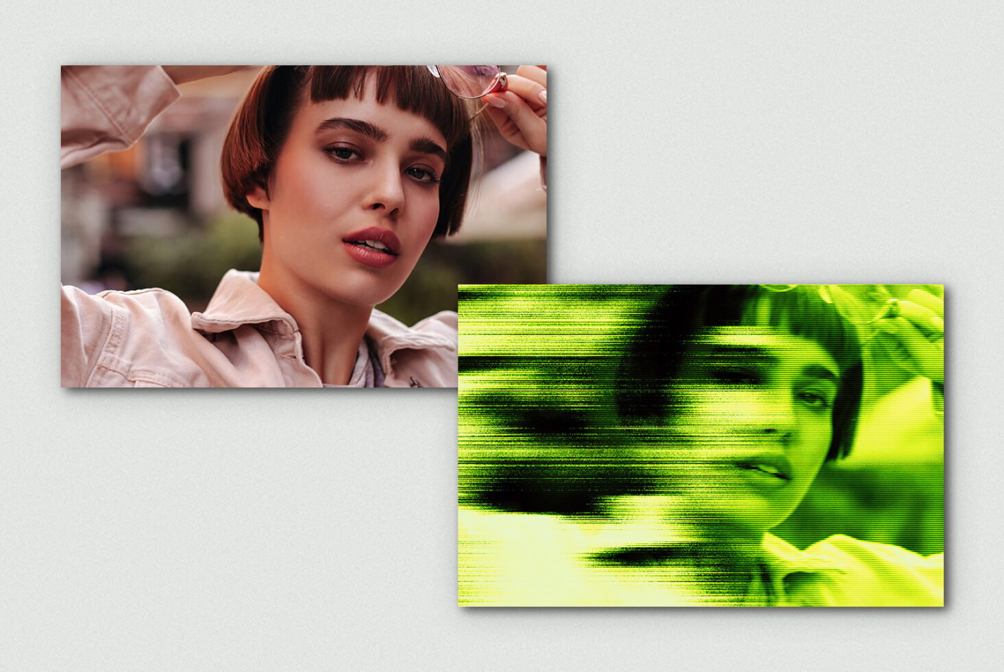 Portrait of a woman with retro sunglasses and a short haircut. The image includes a glitch effect version. Perfect for graphics and digital design projects.