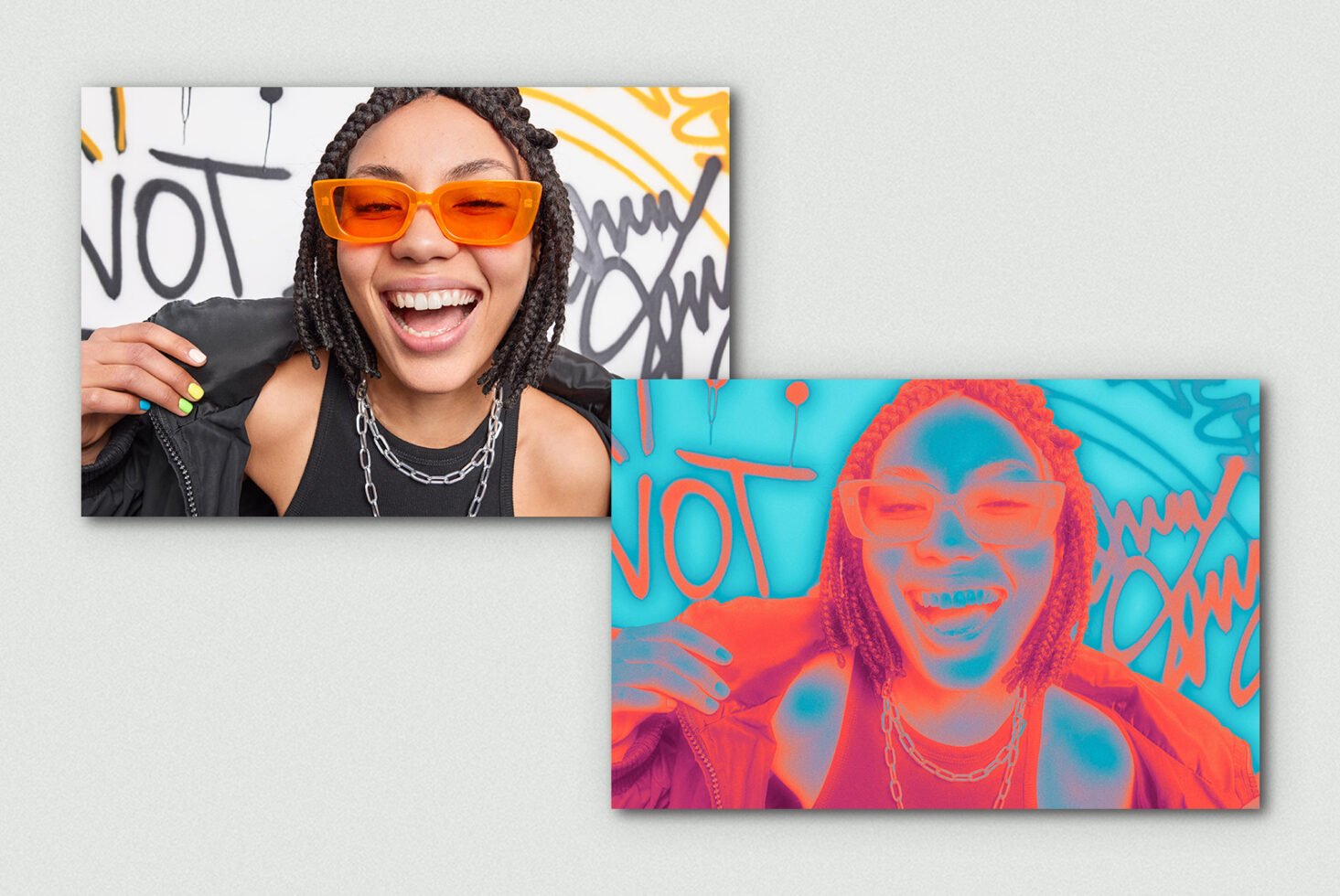 Portrait mockup featuring a smiling person wearing orange sunglasses with an urban graffiti background in vibrant colors ideal for graphic design projects.