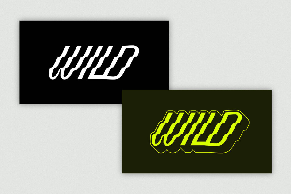 Bold italic logo in white on black, neon yellow outlined version on dark olive background