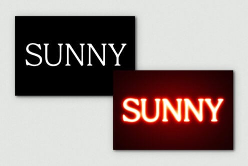 Font design showing the word SUNNY in two styles: a classic serif on black and a glowing red neon effect. Perfect for typography projects and graphics.