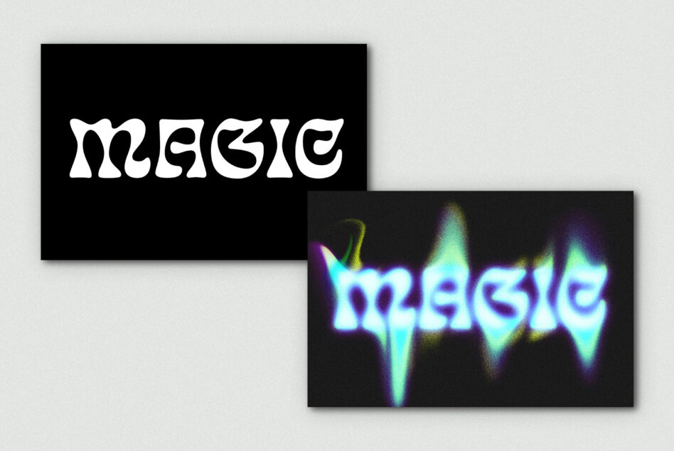 Mockup showing Magic white outline on black, neon glow version in color