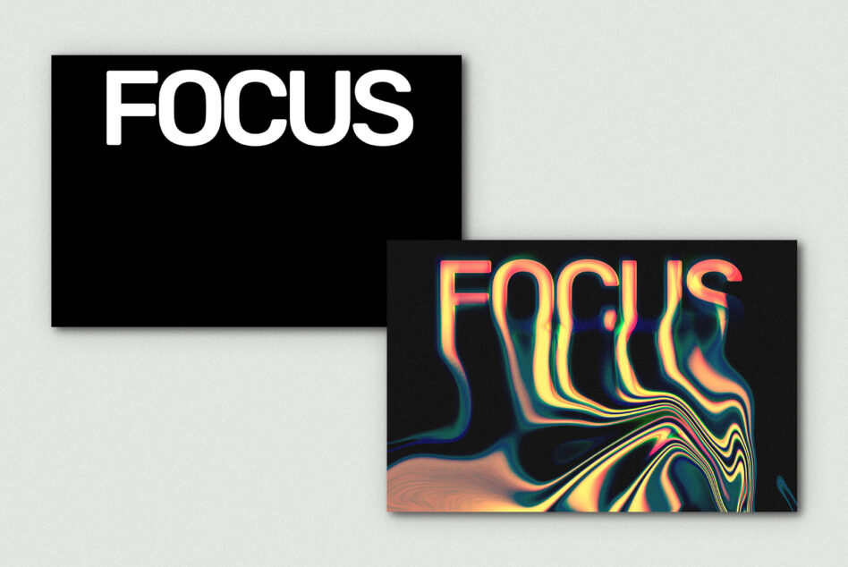 FOCUS text shown in clean white on black, then neon version