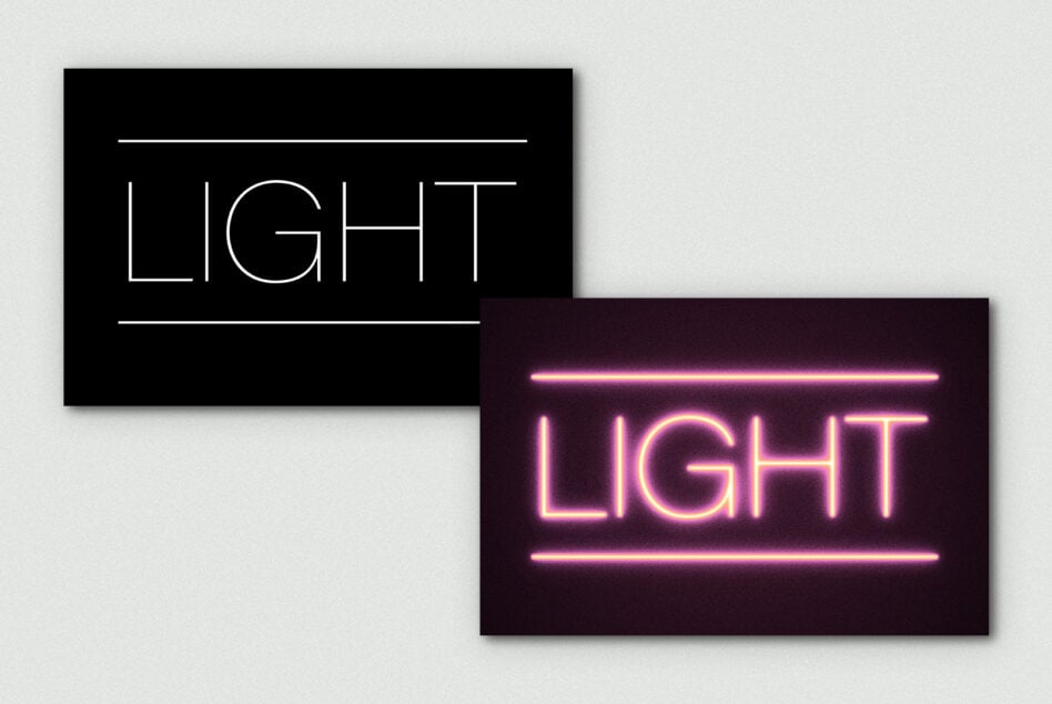 Minimal black sign showing LIGHT outline next to pink neon LIGHT mockup
