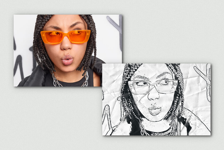 Woman in orange glasses making playful expression with braids, color photography