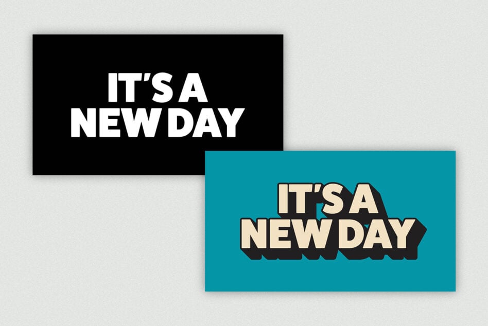 Two cards showing it's a new day in clean white vs retro styles