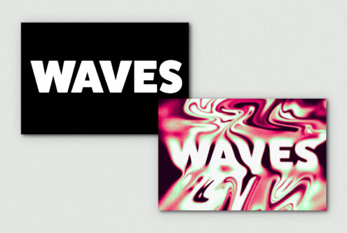 Black box with white WAVES text alongside neon liquid distortion WAVES on dark background