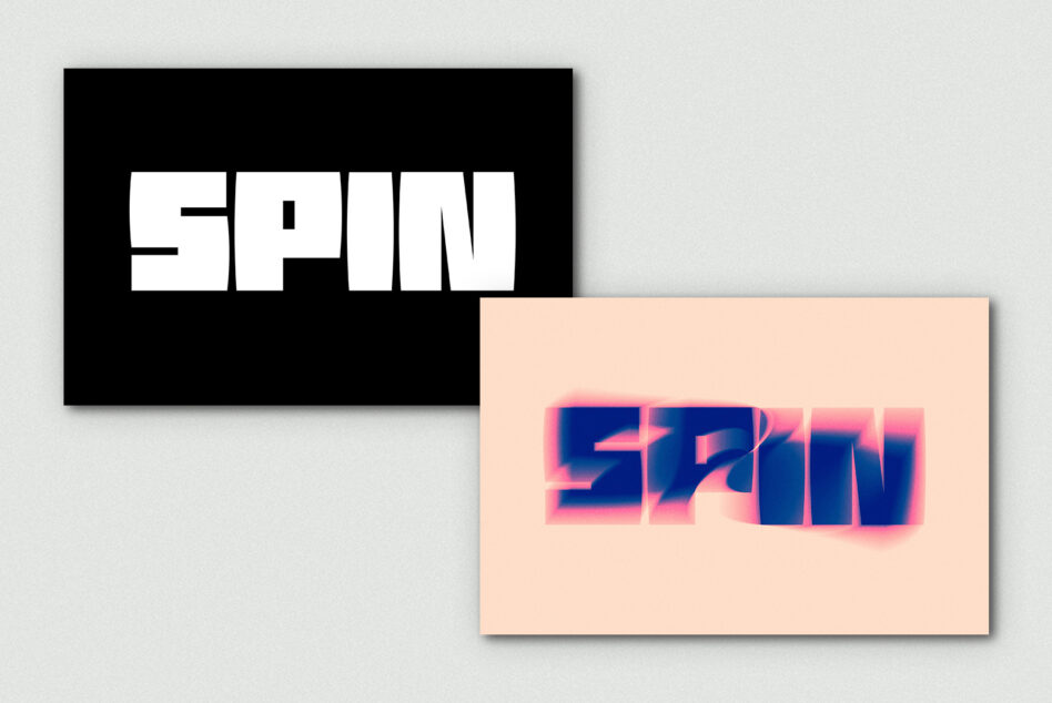 White SPIN text on black box overlapping pink background with gradient blue SPIN effect