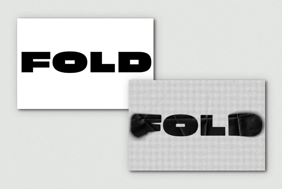 Bold black FOLD text on white card overlapping textured grayscale card