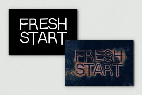 Two text mockups showing Fresh Start in clean white on black, plus glitchy neon orange version on dark textured backdrop
