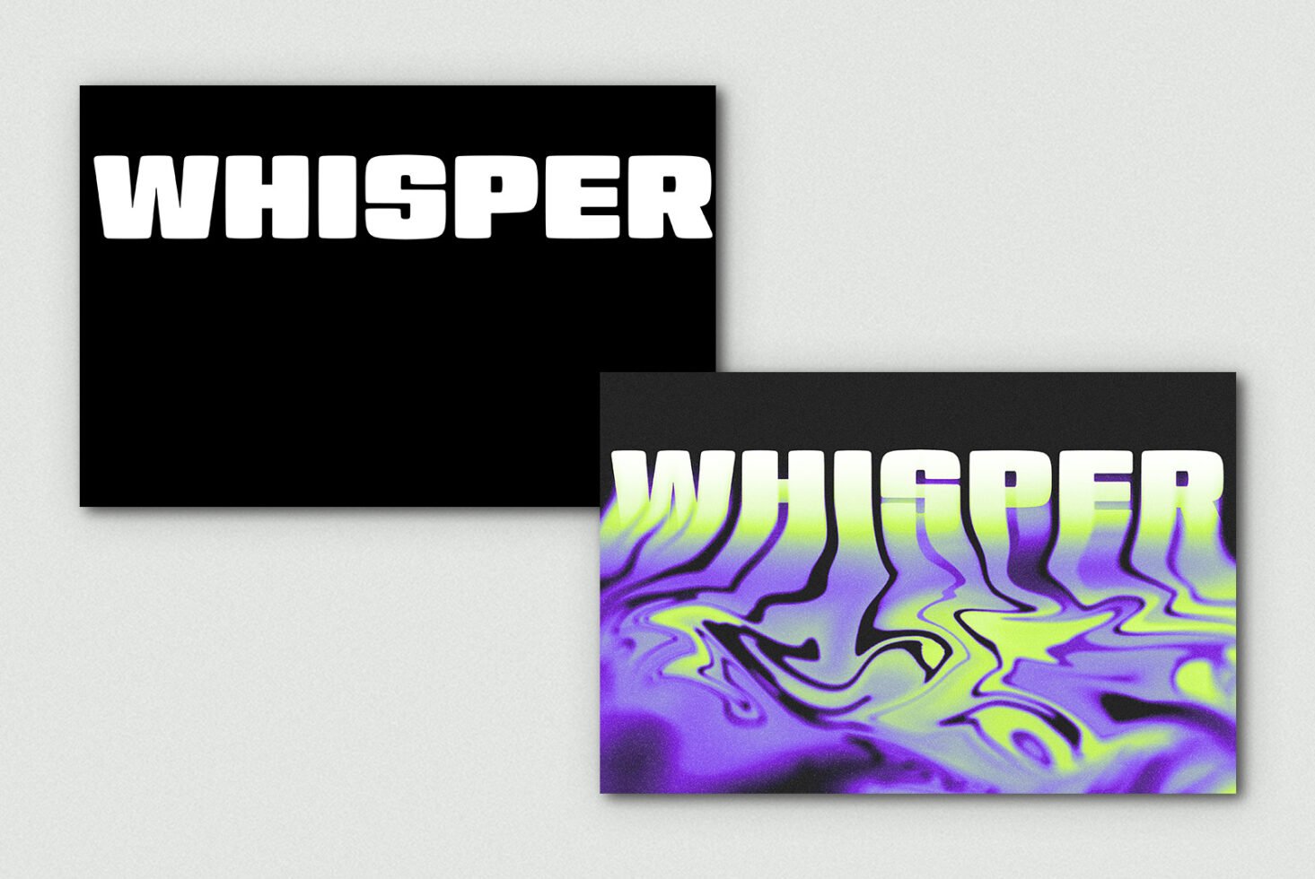 Bold display fonts for designers featuring text WHISPER with a black background and a vibrant purple and green fluid effect; ideal for typography projects