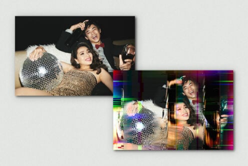 Party photo of a couple with disco ball and drinks in glamorous outfits overlayed with glitch effect. Ideal for digital designs and creative templates.