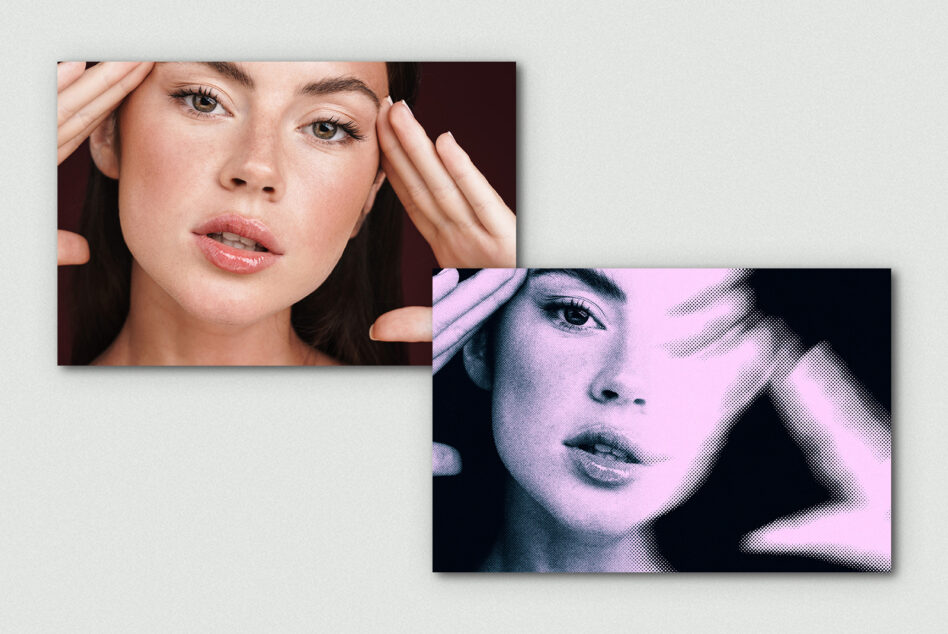 Before after split showing natural skin left side vs pink halftone glitch right
