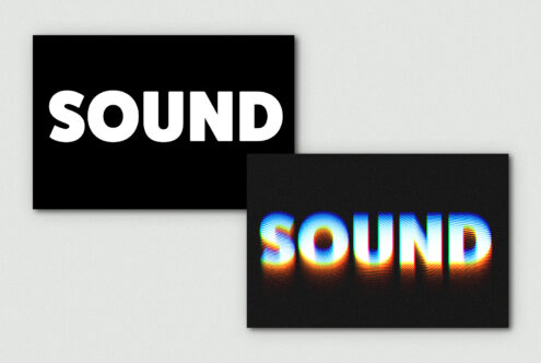 Bold text mockup showcasing the word Sound in two styles plain white and glitch effect ideal for graphic designers digital assets templates visuals.