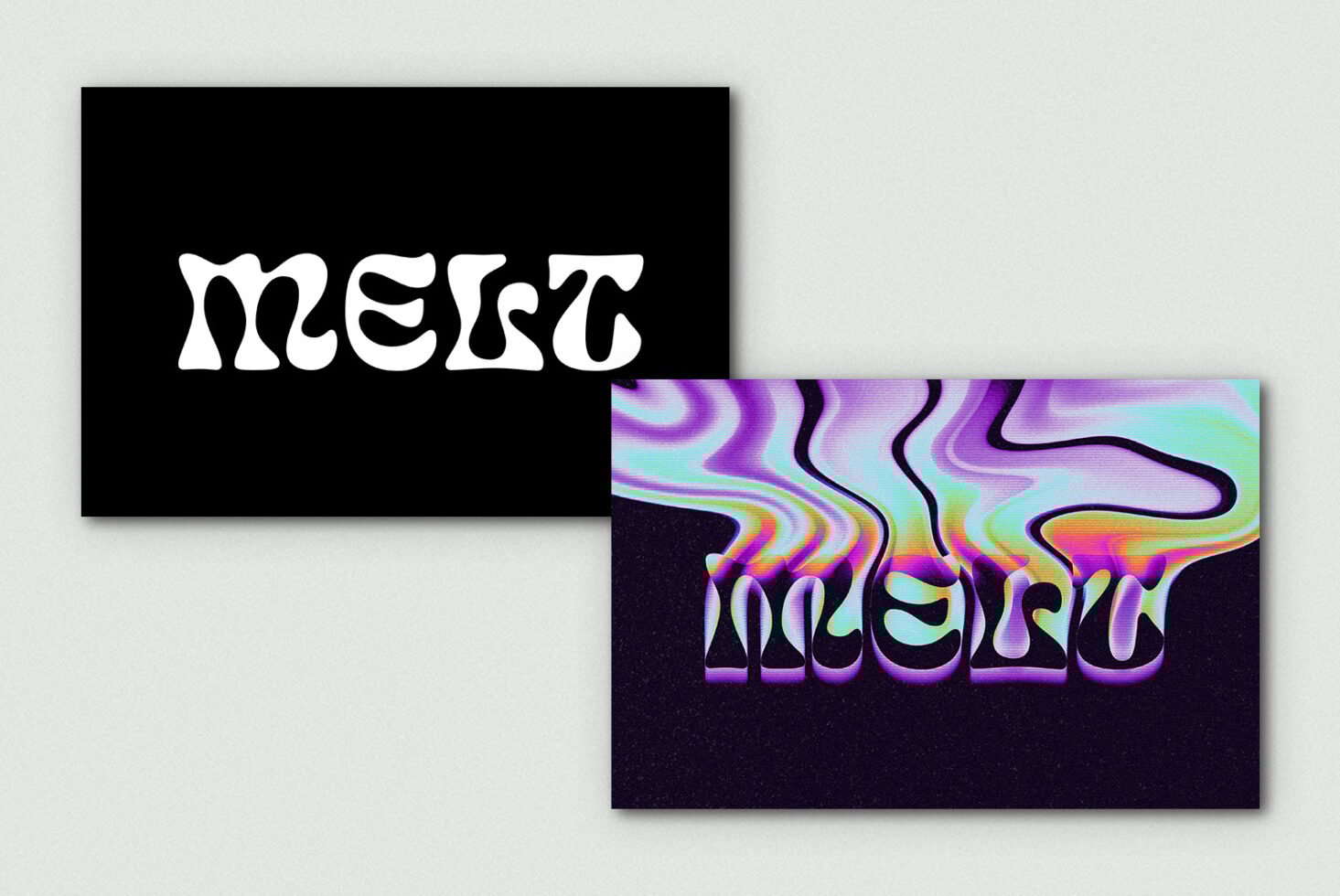 Unique melting font design displayed on black and colorful psychedelic backgrounds ideal for graphic design projects and creative typography templates.