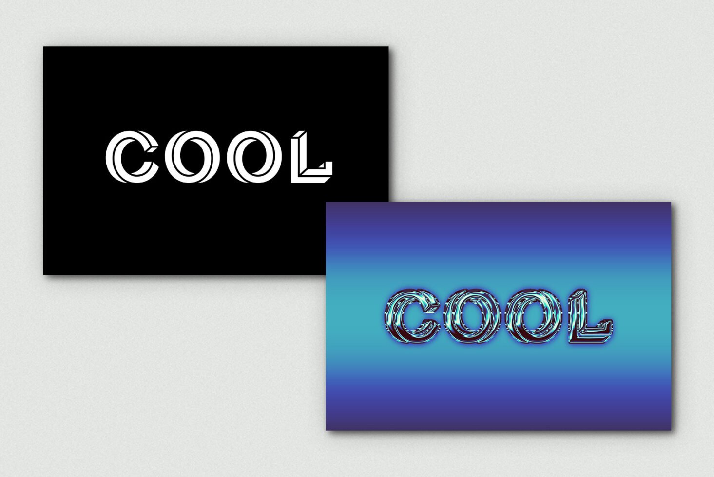 Two contrasting COOL fonts on black and blue backgrounds for graphic design. Ideal for templates mockups typography digital assets. Modern design style.