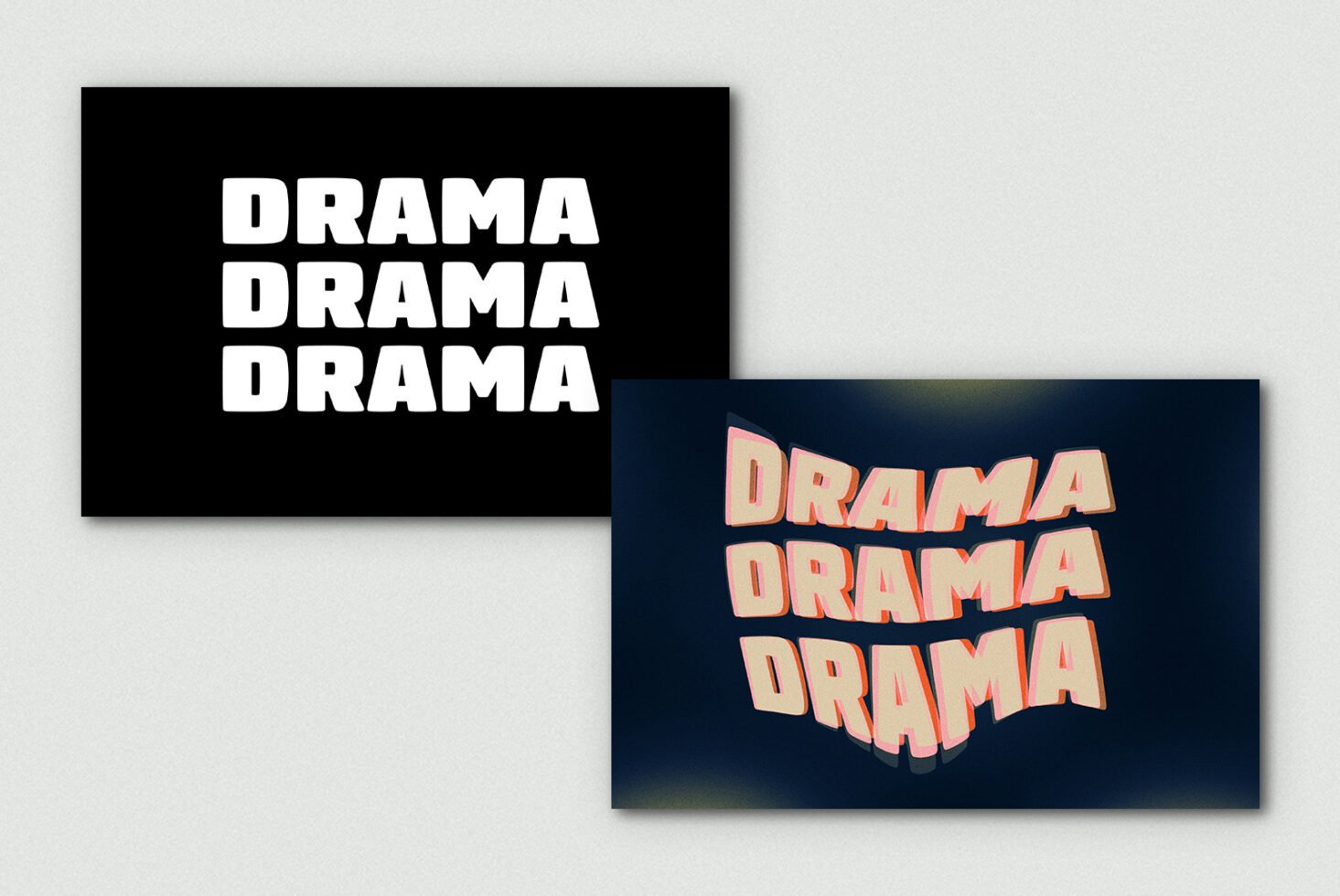 Bold decorative font showcasing the word Drama repeated thrice in two styles black and white minimalist and layered 3D text digital asset for designers